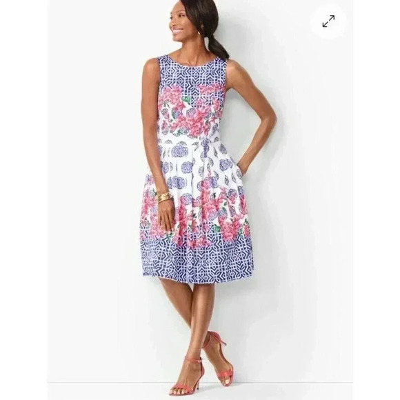 Talbot Mosaic Floral Sateen Fit & Flare Pink Blue Pleated Dress Knee Length Sz 8 - Picture 1 of 16